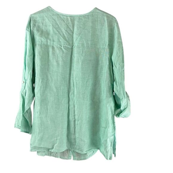 Tahari Top womens 1X Green Blue 100 % Linen Roll Tab Button Down Tunic Cottagcor - Picture 2 of 7
